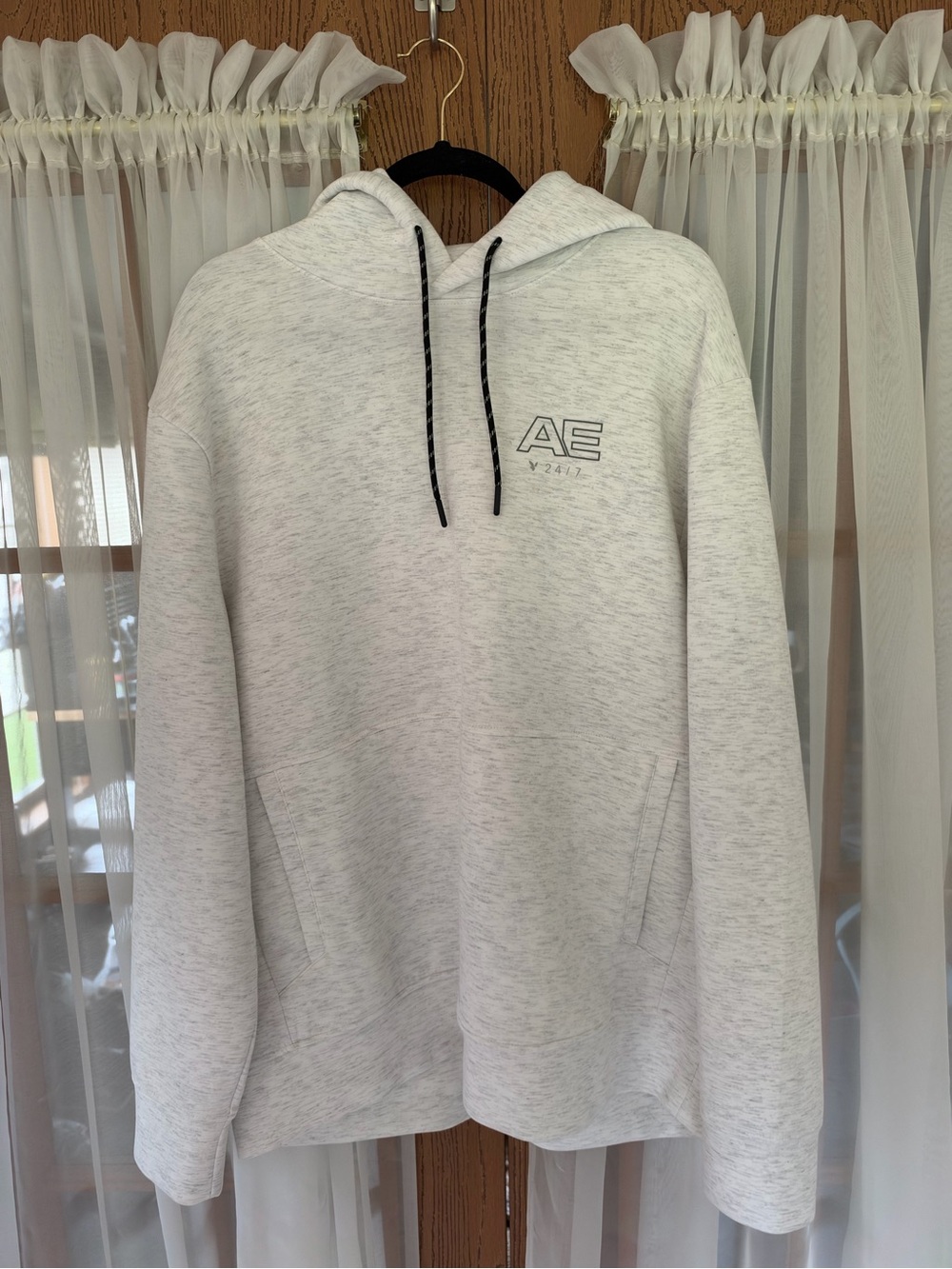 Nautica Light Heather Gray Pullover Hoodie with Black Drawstrings